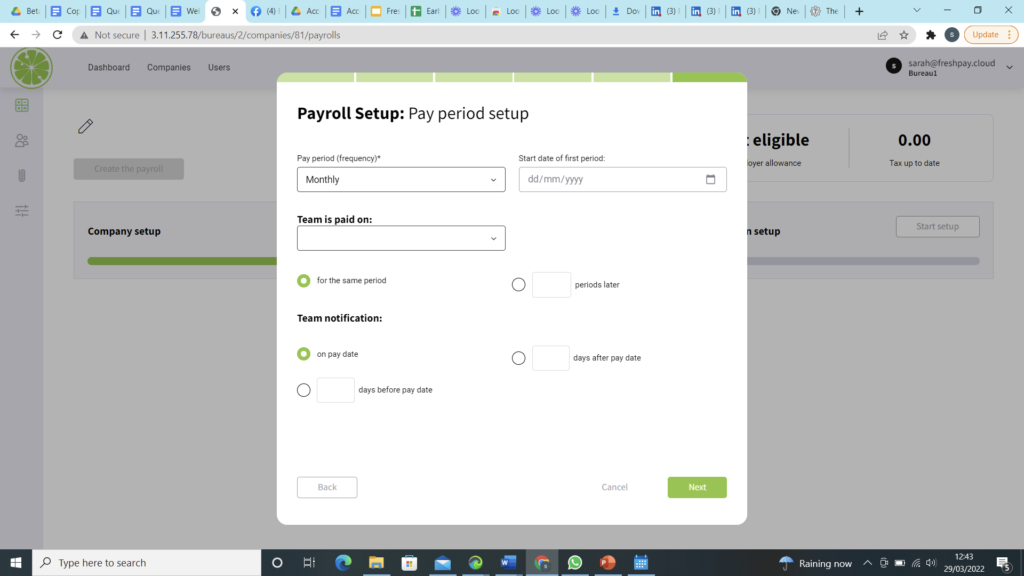 Shows Payroll Setup Box