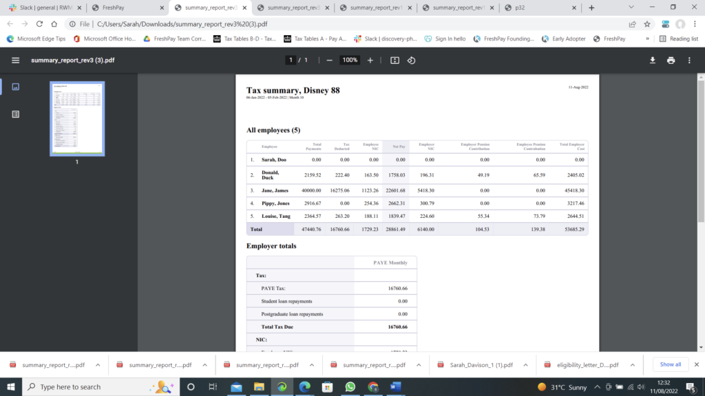 Shows tax summary