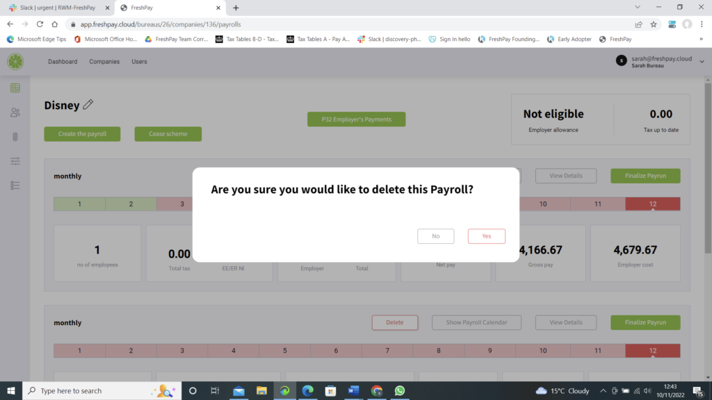 displays delete payroll confirmation box