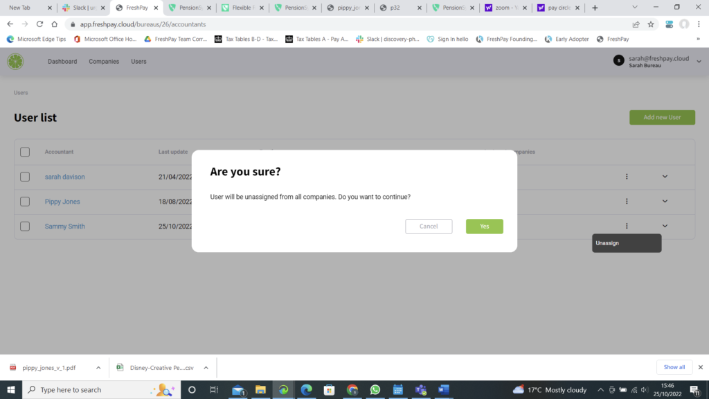 Shows delete user confirmation box